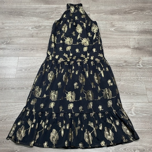 NWOT Express Halter Tiered Maxi Dress Black and Metallic Gold Floral Rose XS - Picture 15 of 15